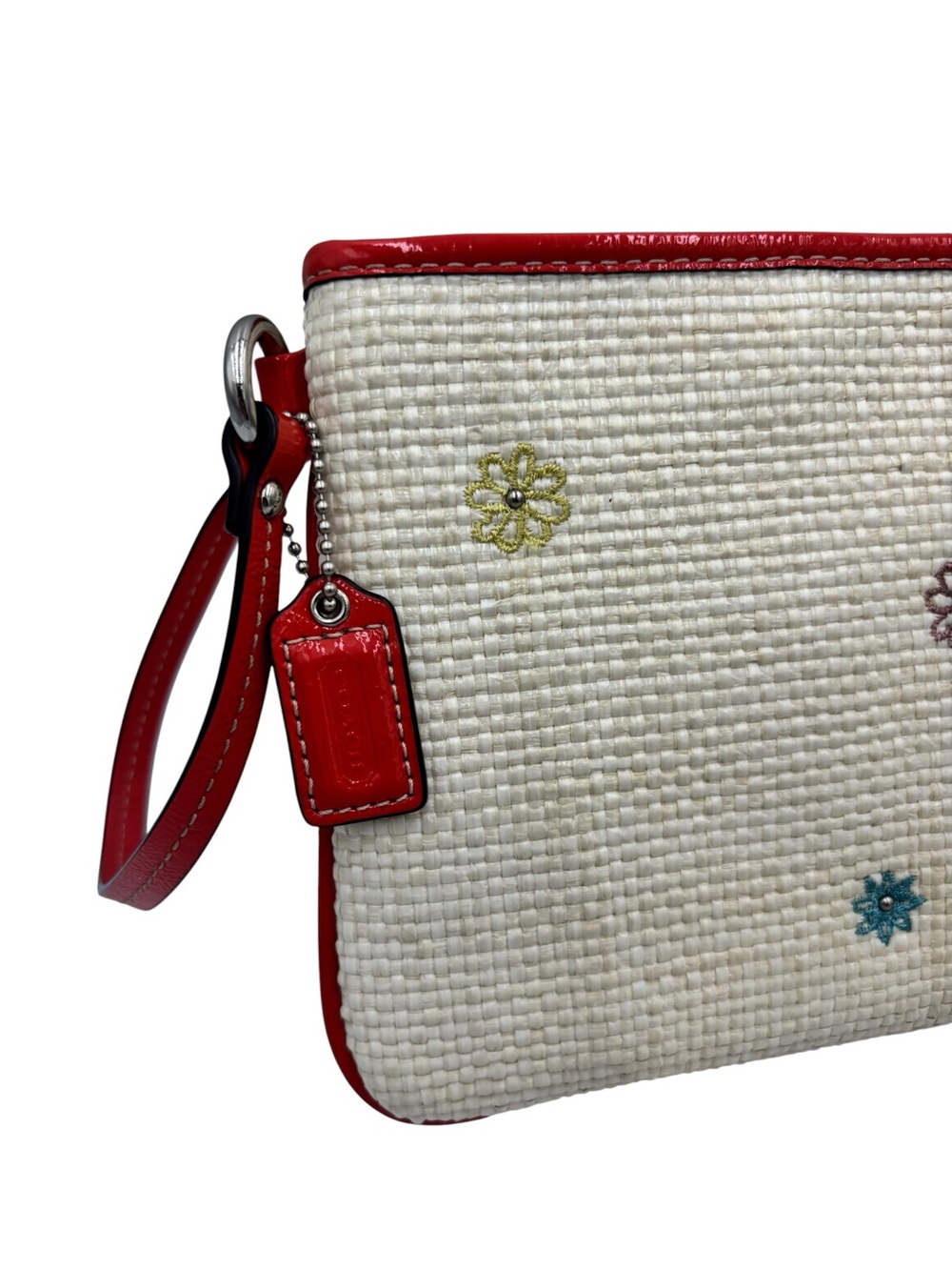 Coach Butterfly Straw Wristlet Pouch Appliqué Floral Embroidered Zip Clutch - Picture 10 of 10
